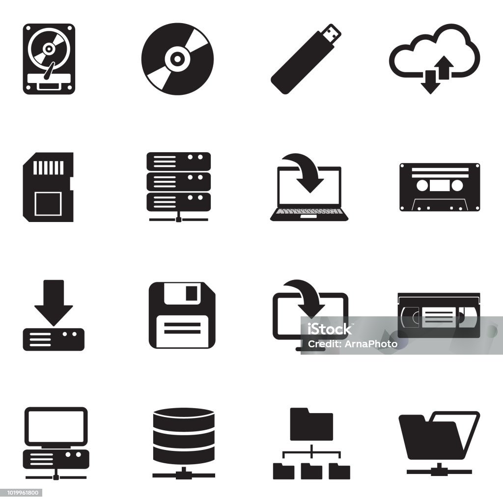Data Storage Icons. Black Flat Design. Vector Illustration. Hard Drive, CD, USB, Server, Memory Card Compact Disc stock vector