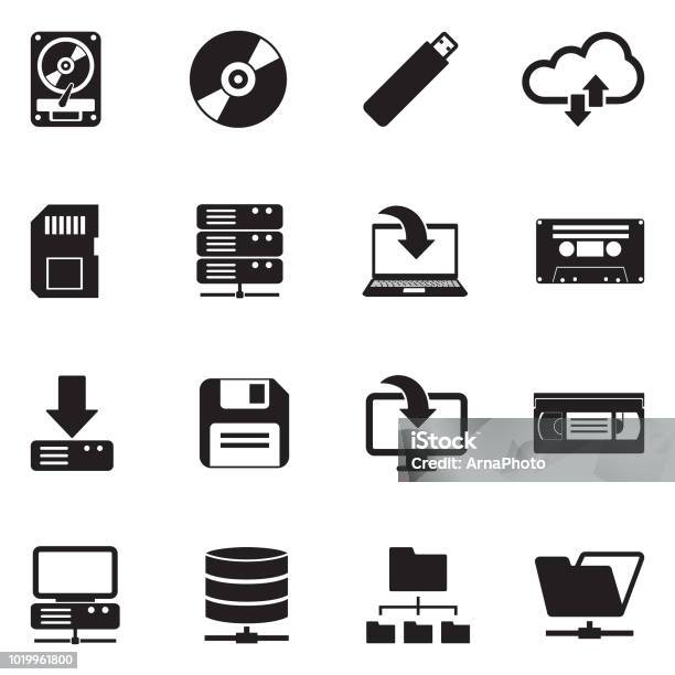 Data Storage Icons Black Flat Design Vector Illustration Stock Illustration - Download Image Now