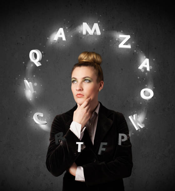 istock Young woman thinking with letter circulation around her head 1019972766