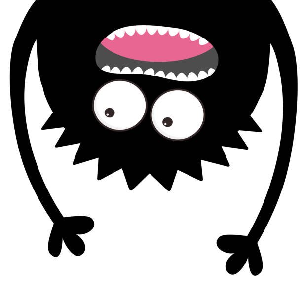 Screaming monster head silhouette. Two eyes, teeth, tongue, hands. Hanging upside down. Black Funny Cute cartoon character. Baby collection. Happy Halloween card. Flat design. White background. Screaming monster head silhouette. Two eyes, teeth, tongue, hands. Hanging upside down. Black Funny Cute cartoon character. Baby collection. Happy Halloween card. Flat design. White background. Vector ugly cartoon characters stock illustrations