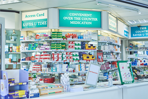 Shot of shelves stocked with various medicinal products in a pharmacy