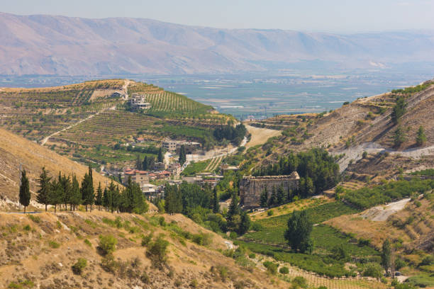 panorama of the bekaa valley landscape with the niha temples and vineyard hills, lebanon. - baalbek imagens e fotografias de stock