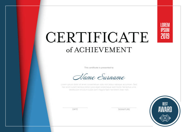 Modern certificate template Modern certificate of achievement template with place for your content - material red and blue design graduation gift stock illustrations