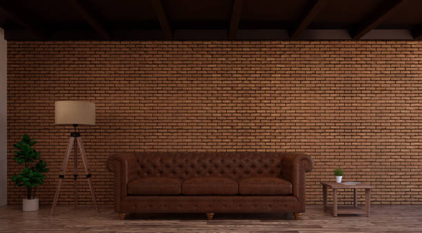 istock Living room wall brick with leather sofa,floor lamp,interior design  loft-style 3d rendering 1019994862