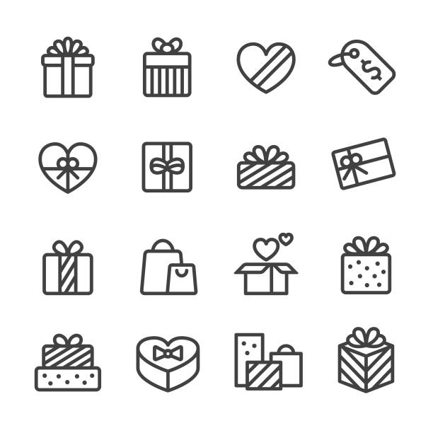 ikony prezentów - seria liniowa - heart shape christmas paper christmas gift stock illustrations