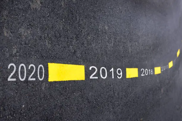 Number of 2018 to 2020 on asphalt road surface with marking lines, happy new year concept