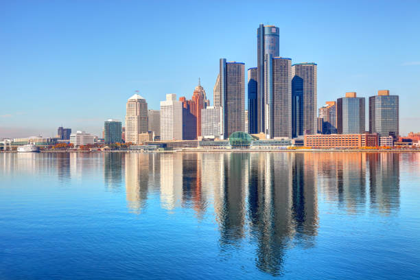 Downtown Detroit Michigan Skyline Detroit is the largest city in the state of Michigan and the seat of Wayne County. Detroit is a major port city on the Detroit River known as  birthplace of the automotive industry and an important source of popular music legacies detroit michigan photos stock pictures, royalty-free photos & images