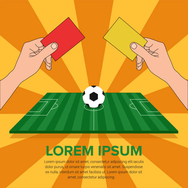 ilustraciones, imágenes clip art, dibujos animados e iconos de stock de mano sosteniendo la tarjeta amarilla y tarjeta roja - football field artificial turf end zone turf