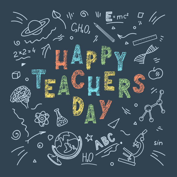 Happy Teachers Day Happy Teachers Day. Chalk lettering with education doodles on dark blue background. Vector illustration. happy teacher day stock illustrations