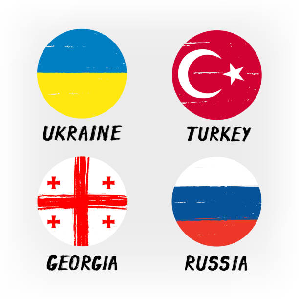 ilustraciones, imágenes clip art, dibujos animados e iconos de stock de conjunto de 4 banderas - iconos redondos - ucrania turquía georgia rusia - georgia football
