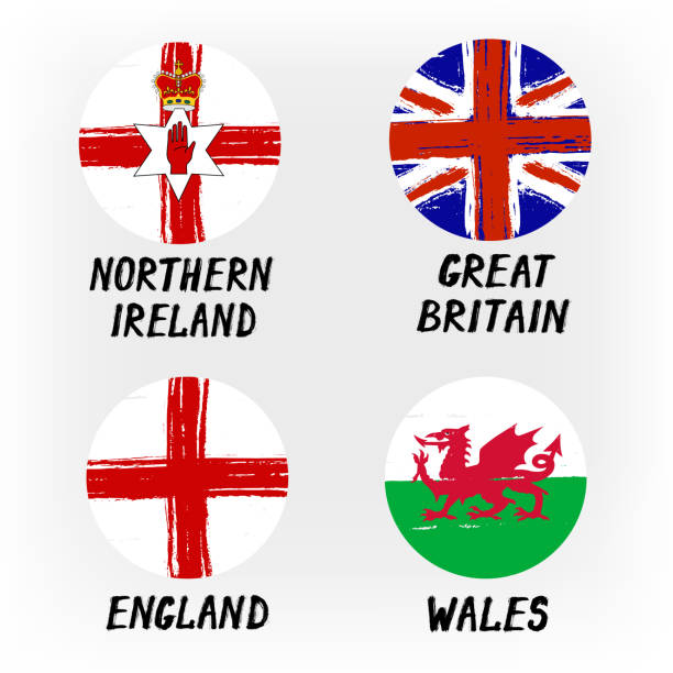 satz von 4 flaggen - runde icons - nordirland großbritannien england wales - england map soccer soccer ball stock-grafiken, -clipart, -cartoons und -symbole