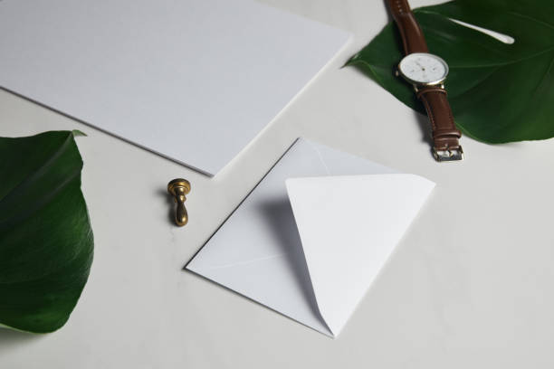istock Blank envelope and watch on white marble background with green leaves 1020014748
