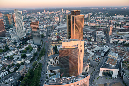 View from the „Messeturm“ at the skyline in the sunset , Frankfurt am Main , Hesse , Germany , Europe