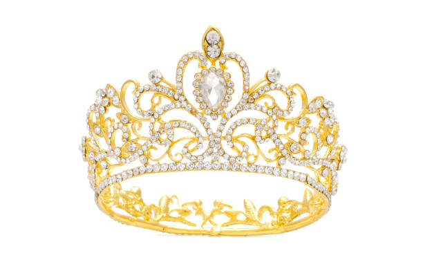 gold crown with diamonds isolated on white gold crown with diamonds isolated on white princess crown tiara prom stock pictures, royalty-free photos & images