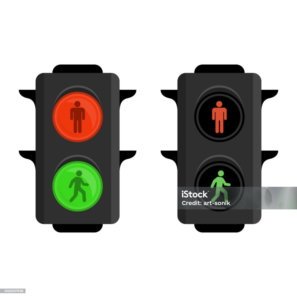 Pedestrian traffic lights. Pedestrian traffic lights red and green. Semaphore isolated on white background. Simple traffic light. Vector illustration in flat style. EPS 10. Stoplight stock vector