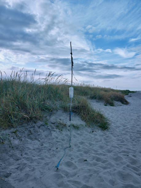 Old marker buoy with torn off flag found on the beach at Bloeden Hale on Laesoe Island on a day with a very impressive cloudscape in early August 2018