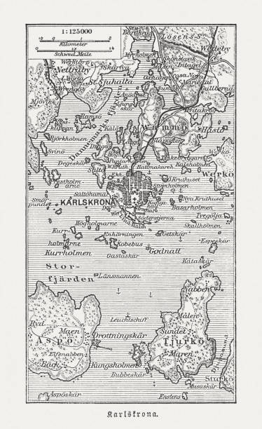 istock Historic map of Karlskrona and surroundings, wood engraving, published 1897 1020036376