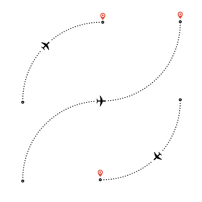 Travel by plane concept. Plane and its track on white background. Air travel vector illustration. Dotted lines are flight paths of passenger jet airplanes. Flat style. EPS 10.