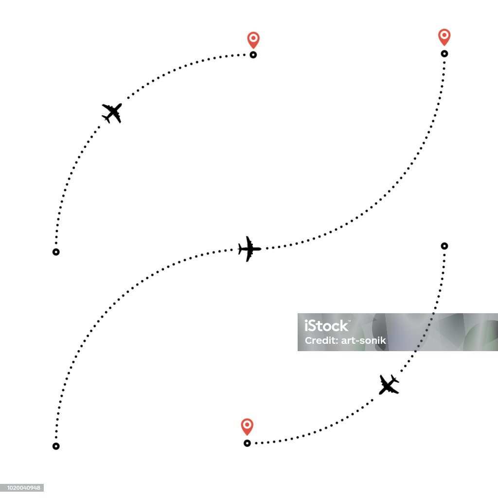 Travel by plane concept. Travel by plane concept. Plane and its track on white background. Air travel vector illustration. Dotted lines are flight paths of passenger jet airplanes. Flat style. EPS 10. Airplane stock vector