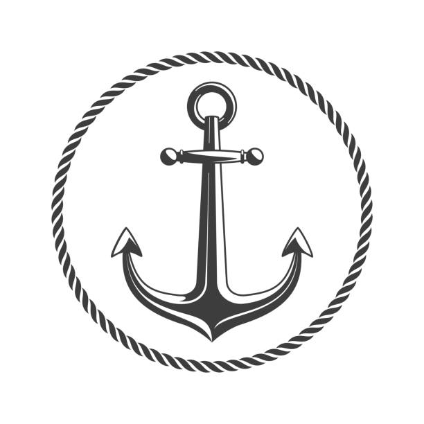 Anchor with circular rope. Anchor with circular rope frame. Vintage nautical badge. Marine emblem with anchors and of ropes. Ship anchor, vintage icon. Vector illustration EPS 10. anchor chain stock illustrations