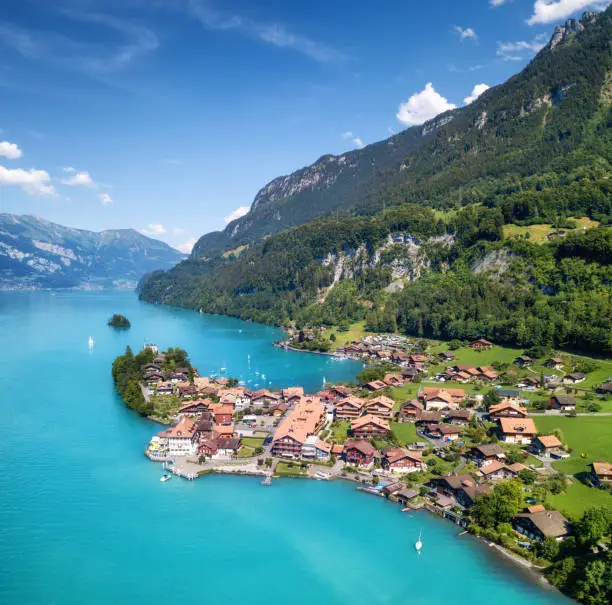 Aerial view on the town and Interlaken lake. Natural landscape from drone. Aerial landscape from air in the Switzerland