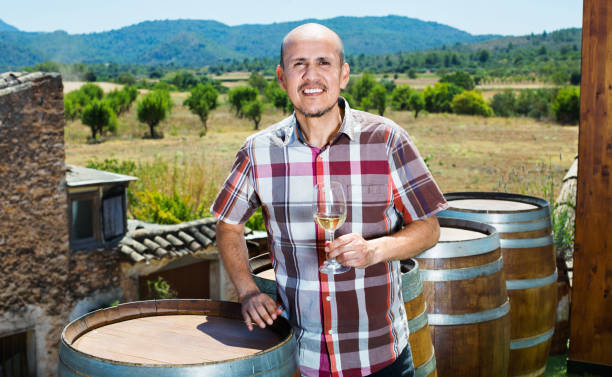 Smiling positive mature man holding glass with sparkling wine outdoors on terrace with wine woods