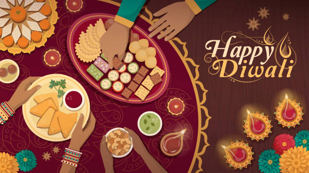 Traditional Diwali celebration at home with food and lamps Family celebrating Diwali at home with lamps and traditional food, top view diwali home stock illustrations