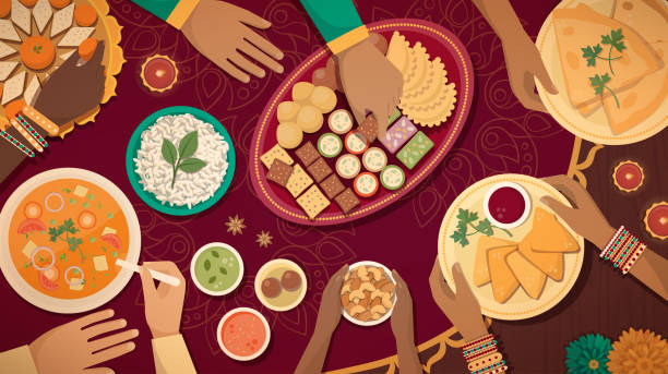 illustrations, cliparts, dessins animés et icônes de traditionnelle fête de diwali à la maison avec de la nourriture - diwali illustrations