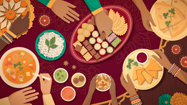 Traditional Diwali celebration at home with food Family celebrating Diwali at home with lamps and traditional food, top view indian dinner stock illustrations