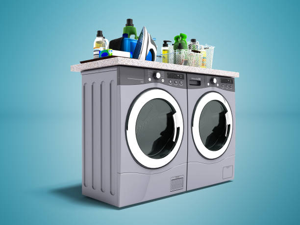 istock Concept of washing machine and dryer with detergent isolated 3d rendering on blue background with shadow 1020064452