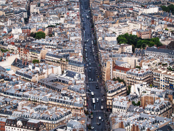 Paris streets and houses aerial view