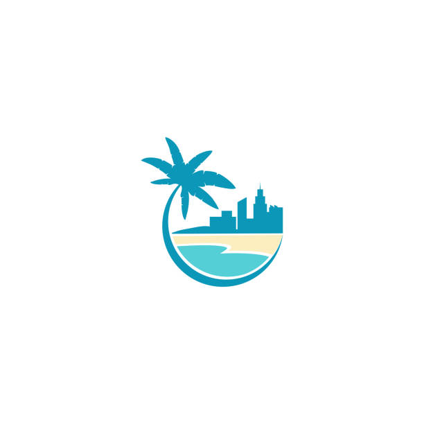 beach near the city simple design a circular palm tree design on a beach near the city panama illustrations stock illustrations
