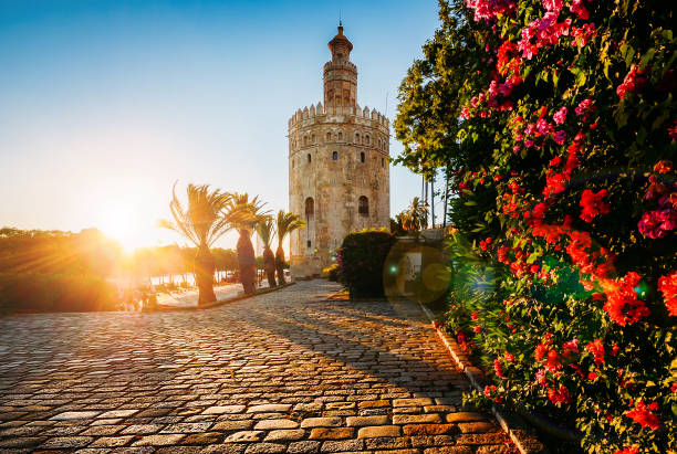 torre del oro, sevilla, spanien - seville water spain european culture stock-fotos und bilder