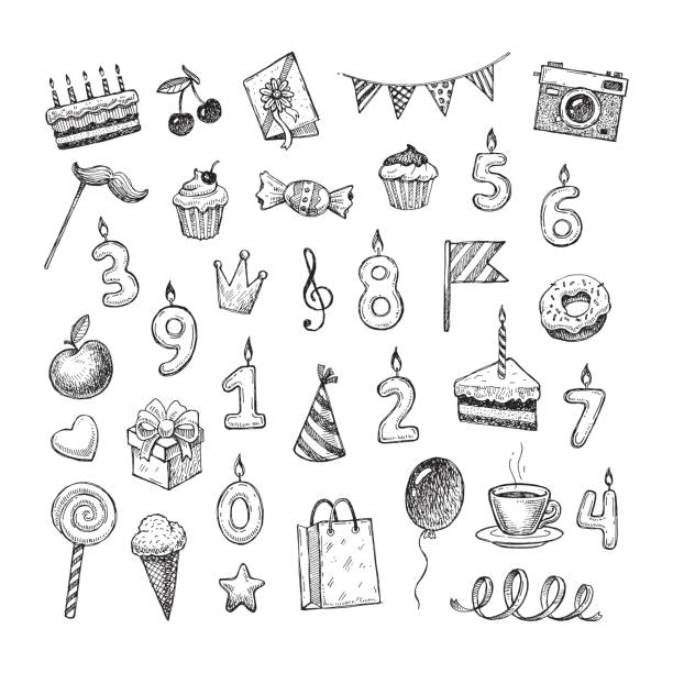 ilustraciones, imágenes clip art, dibujos animados e iconos de stock de conjunto de objetos de cumpleaños dibujado a mano. ilustración de vector de cumpleaños doodle estilo. - ribbon nobody cupcake celebration
