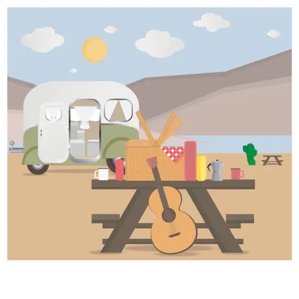 Vector illustration of Cartoon outdoor camping illustration in desert