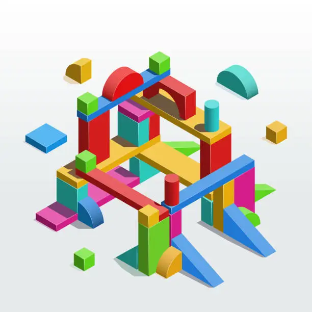 Vector illustration of Construction out of toy unit blocks. Vector isometric illustration