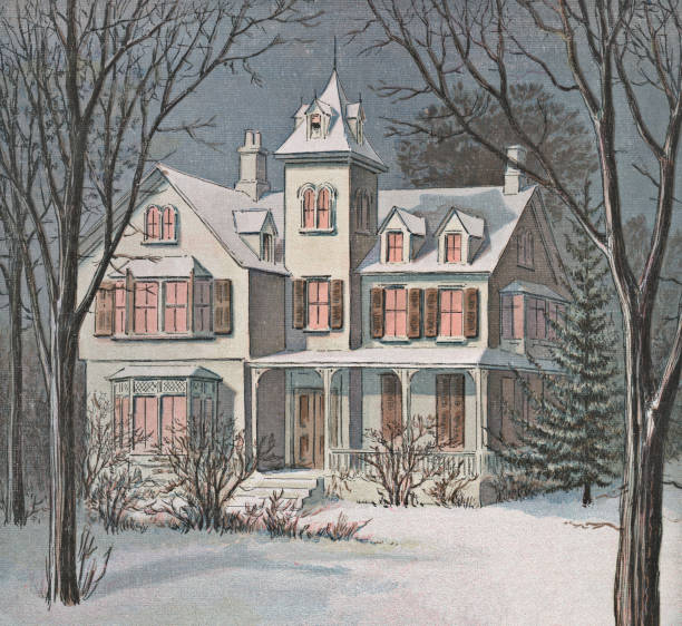 Vintage House at Christmas Vintage illustration of a house covered in snow at Christmas. Vintage etching on linen circa late 19th century. victorian house stock illustrations