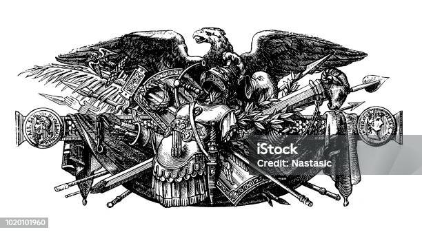 Weapon Of The Roman Imperial Near The Eagle Stock Illustration - Download Image Now - Eagle - Bird, Old-fashioned, Seal - Stamp
