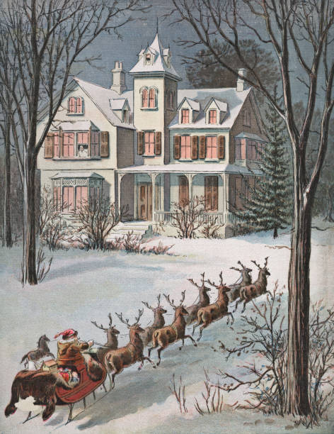 Vintage illustration of Santa Claus and his reindeer arriving at a house on Christmas night. Vintage etching on linen circa late 19th century.