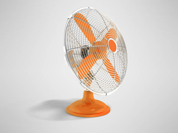 istock Modern orange metal fan for cooling office front view 3d rendering on gray background with shadow 1020105002