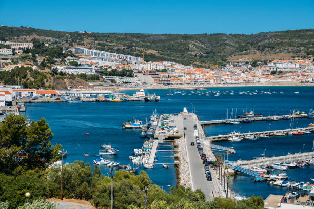 View of Sesimbra, Setubal Portugal on the Atlantic Coast stock photo