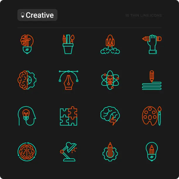 Vector illustration of Creative thin line icons set: generation of idea, start up, brief, brainstorming, puzzle, color palette, creative vision, genius, solving problem. Modern vector illustration for black theme.