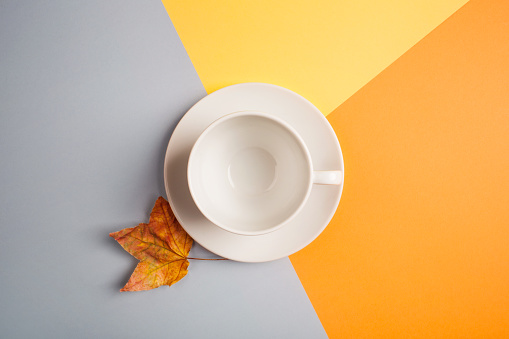 white empty coffee Cup and maple leaf on bright yellow-orange-beige-gray background. copy spase, flat lay. concept of autumn cafe menu