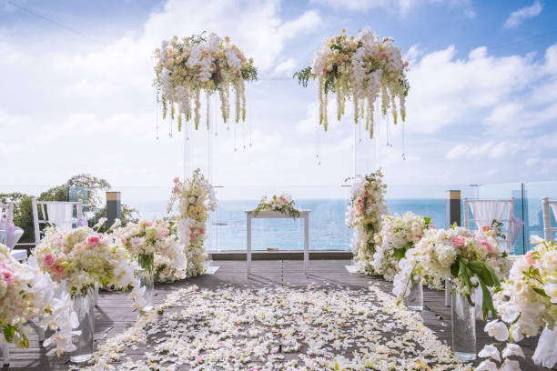 istock Romantic wedding ceremony on the lawn Sea view. 1020115490