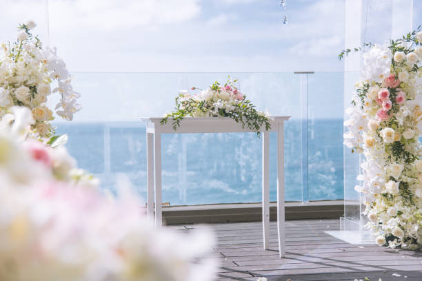 istock Romantic wedding ceremony on the lawn Sea view. 1020115510