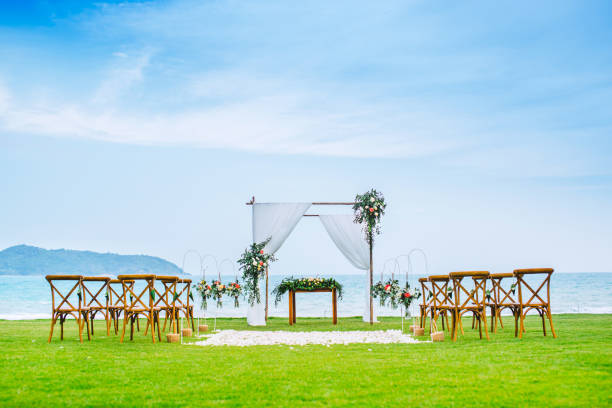 istock Romantic wedding ceremony on the lawn Sea view. 1020115762