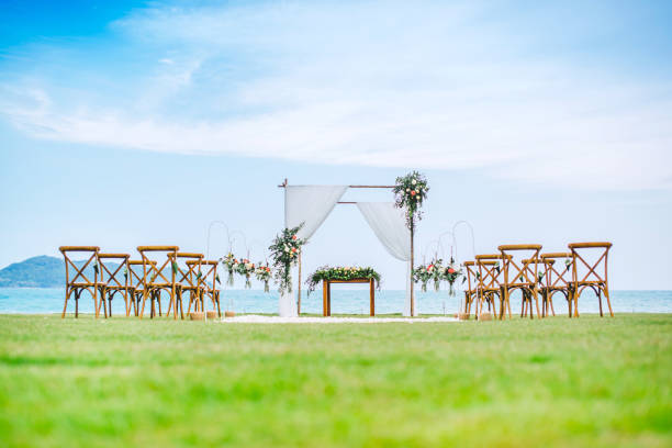 istock Romantic wedding ceremony on the lawn Sea view. 1020118094