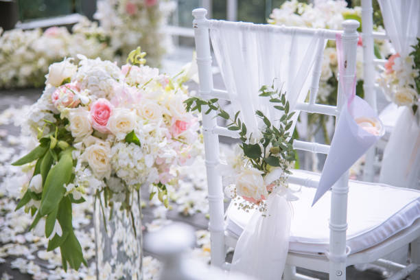 istock Chair decorated with flowers in Wedding ceremony. 1020119240