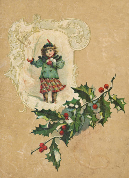 Vintage illustration of a little girl throwing snowballs in an ornate Christmas frame on antique paper. Vintage etching on linen circa late 19th century.