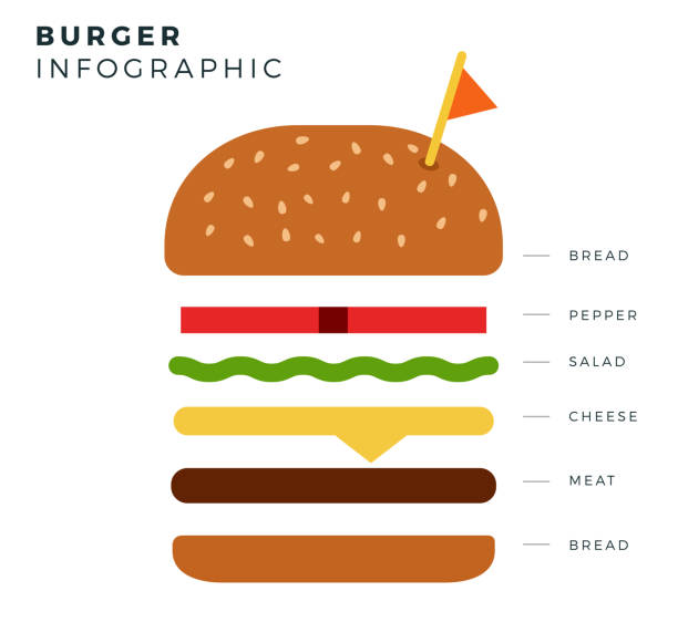 ilustrações, clipart, desenhos animados e ícones de receita de hamburguer com pão, pimenta, salada, queijo, carne - salad food and drink food lettuce